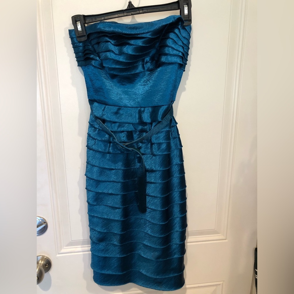 Strapless stunning blue mini with gorgeous layered detail